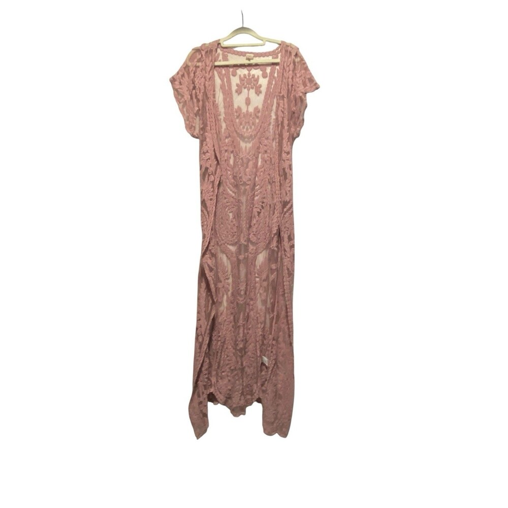 I JOAH Dusty Rose Pink Sheer Lace Maxi Duster Kimono Cardigan Women's M Coverup
